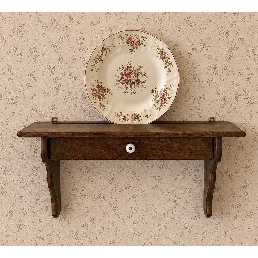 Vintage Rustic Brown Wood Shelf With Drawer And Plate Groove 18"